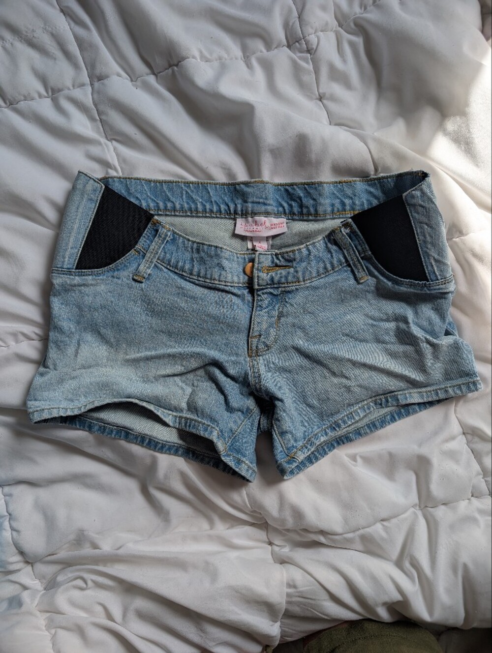 Light Wash Denim Shorts with Elastic Side Panels